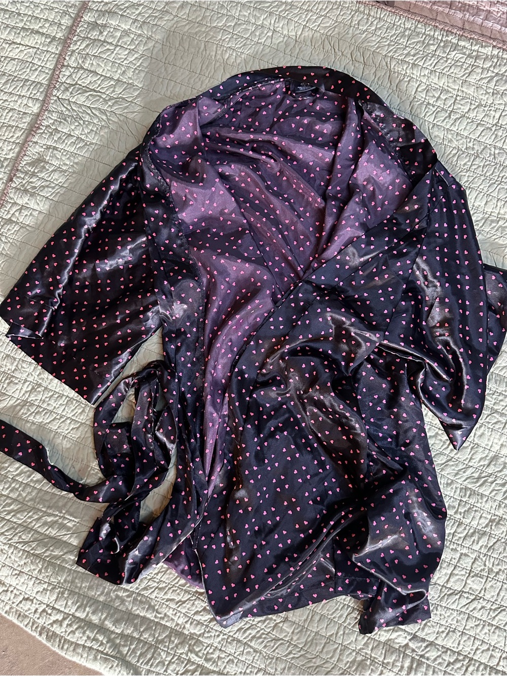 Apt. 9 Black Satin Robe with Pink Heart Print